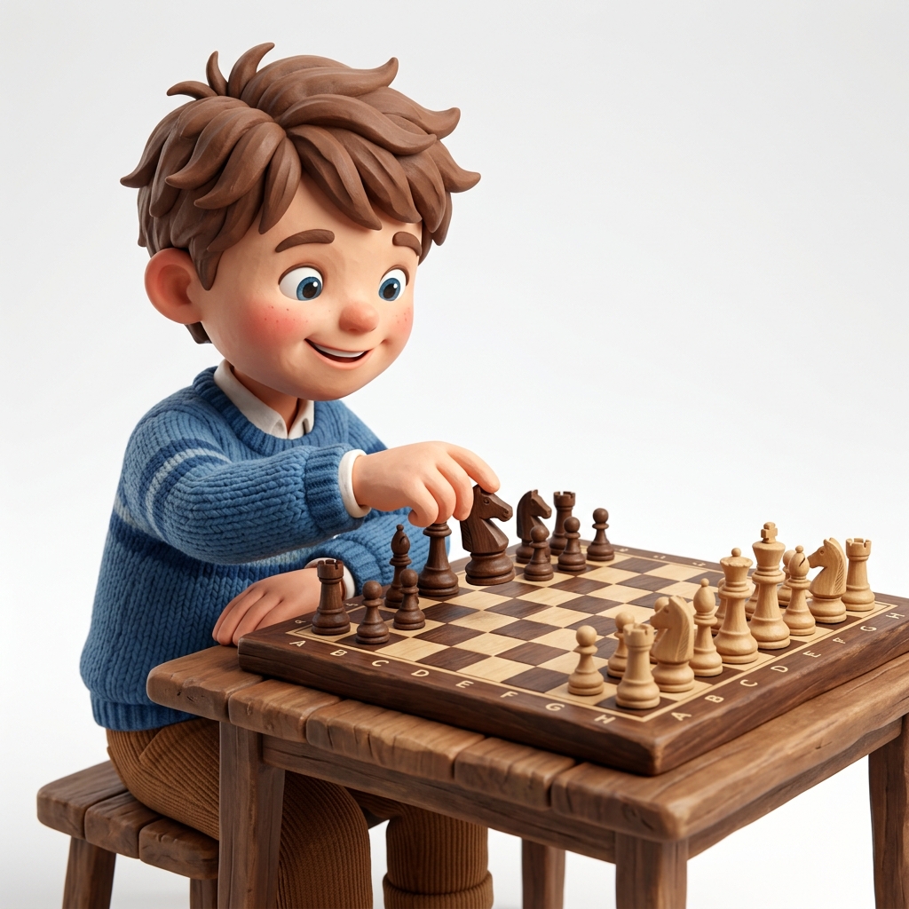 Boy playing chess cartoon