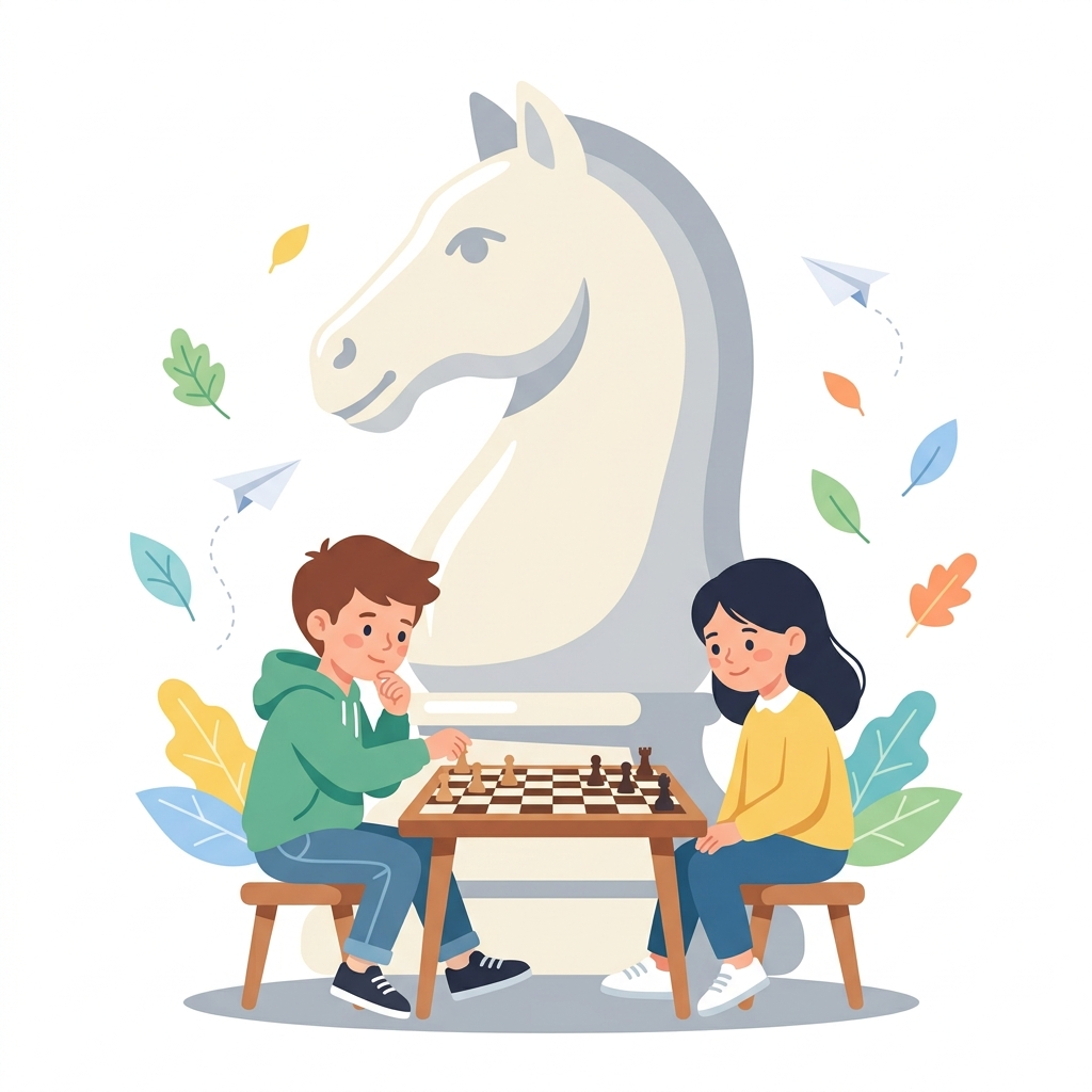 Children playing chess with giant knight