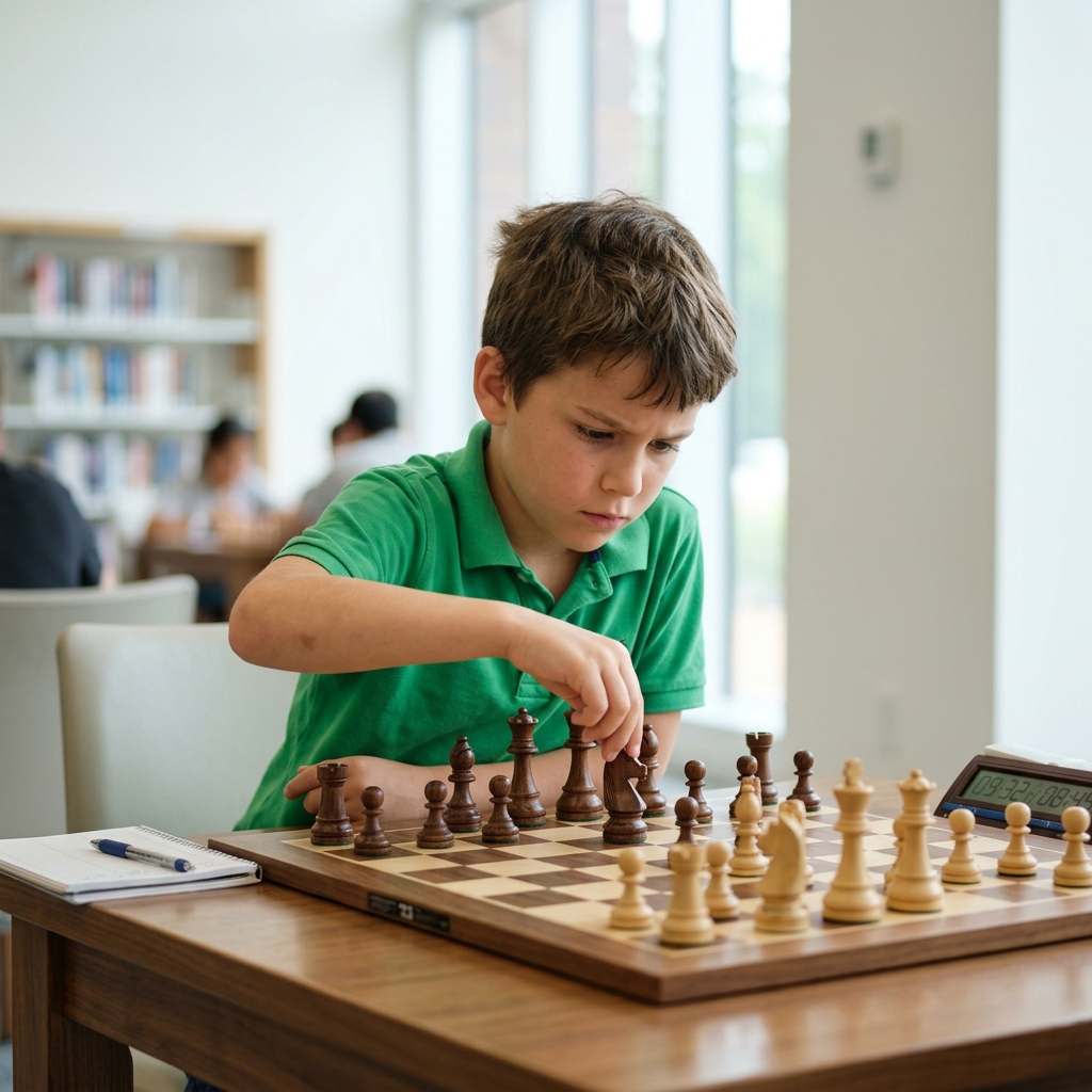 Kid focusing on chess move