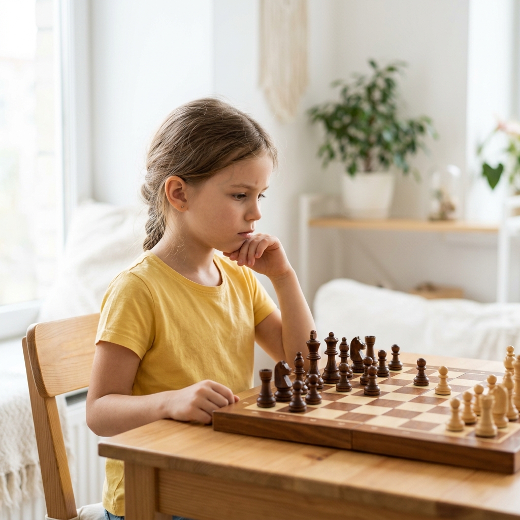 Kid solving chess puzzle